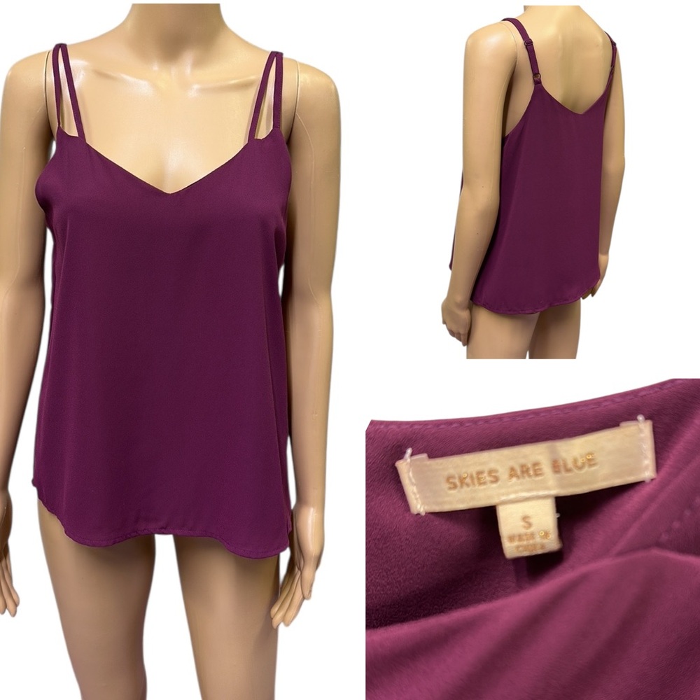 Skies Are Blue V Neck Lined Double Spaghetti Strap Detail Cami Blouse Tank Small